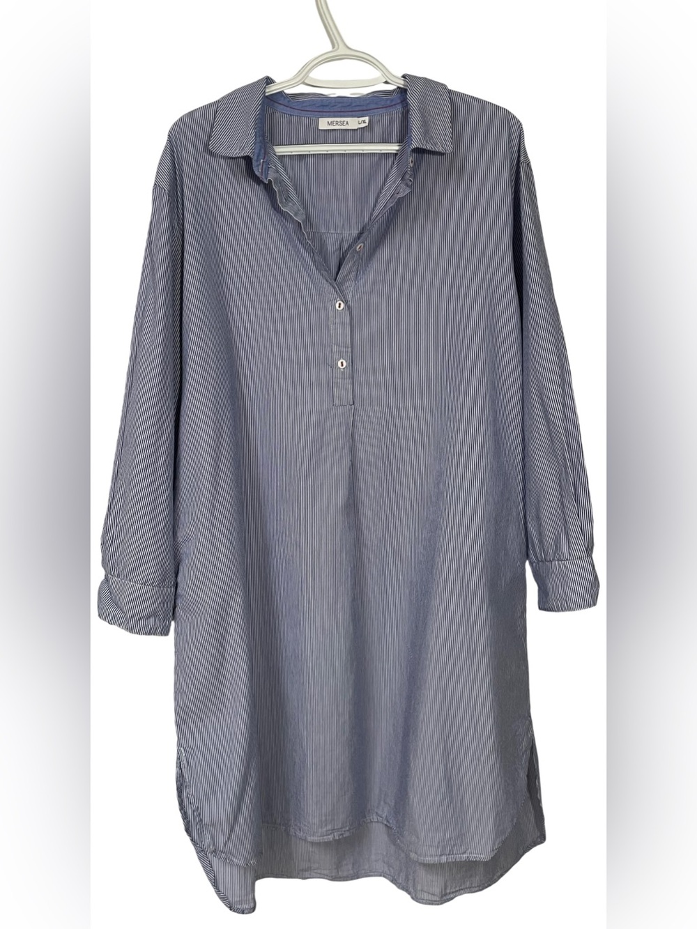 MERSEA Essential Shirt Dress Large XL XLarge Blue White Stripe Coastal Nautical